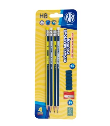 Ołówki grafitowe HB 4szt + nakładka + temperówka Astra