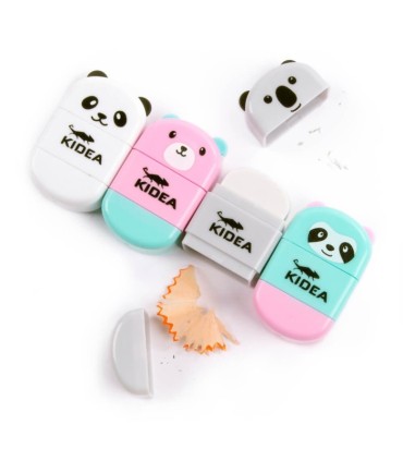 2 w 1 temperówka z pojemnikiem i gumka z zatyczką Kidea miś szary