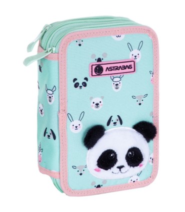 Trzykomorowy piórnik z wyposażeniem ASTRABAG JUMBO TEDDY PANDA