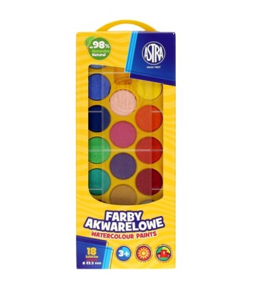 Farby akwarelowe Astra 18 kolorów średnica farbki 23,5 mm + pędzelek