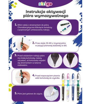 Pióro ze stalówką wymazywalne ergonomiczne + naboje + czyścik STRIGO
