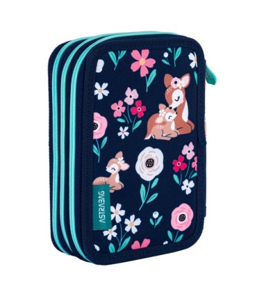 Trzykomorowy piórnik JUMBO z wyposażeniem dla dziewczynki BABY DEER, ASTRA