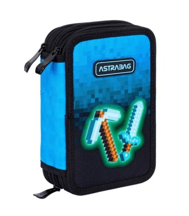 Trzykomorowy piórnik JUMBO z wyposażeniem dla chłopca BLUE PIXEL, ASTRA