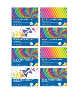 8 szt. x blok techniczny kolorowy A4 INTERDRUK 10 arkuszy, 160g/m2