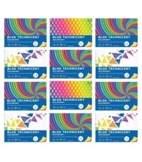 12 szt. x blok techniczny kolorowy A4 INTERDRUK 10 arkuszy, 160g/m2