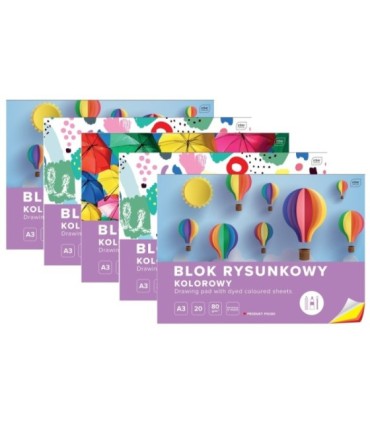 5 SZT. X BLOK RYSUNKOWY KOLOROWY 20 KARTEK 10 KOLORÓW A3 80g Interdruk