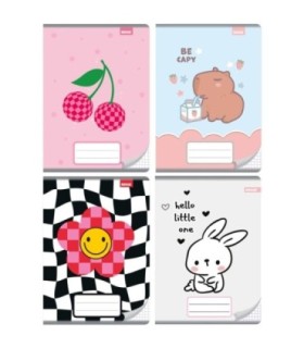 4x zeszyt A5 w kratkę, 16 kartek, dziewczęce wzory, wiśnia, króliczek, kapibara, kwiatek