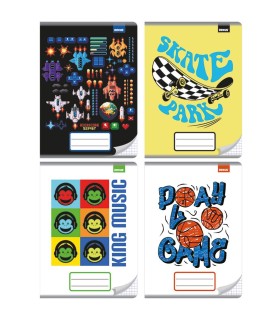 4x zeszyt A5 w kratkę, 16 kartek, kosmos, skate, muzyka, koszykówka