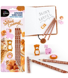 Zestaw o zapachu słony karmel 3 ołówki i 3 gumki KIDEA