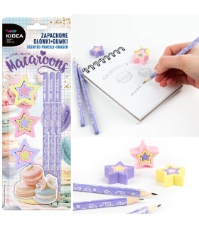 Zestaw o zapachu makaroników 3 ołówki i 3 gumki KIDEA