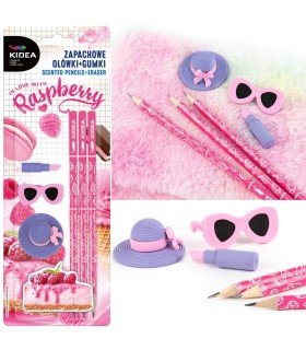 Zestaw o zapachu malinowy sernik 3 ołówki i 3 gumki KIDEA