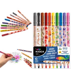 Grube kredki trójkątne Jumbo z rysunkami kwiatów Kidea 10 kolorów