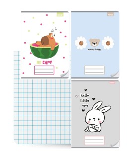 3x zeszyt A4 kratka, 32 kartki, dziewczęce wzory: króliczek, miś, capibara