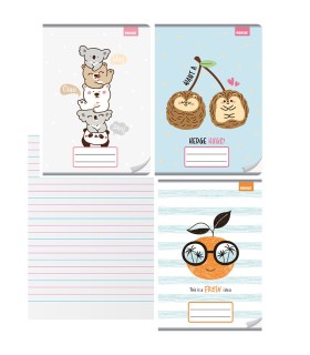 3x zeszyt A4 kolorowa 3-linia, 32 kartki, dziewczęce wzory: koale, jeżyki, owoce