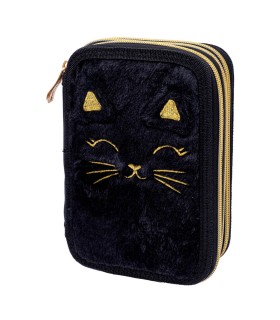 Trzykomorowy piórnik z wyposażeniem ASTRABAG JUMBO FLUFFY KITTY BLACK z pluszem i uszami