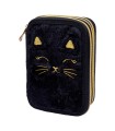 Trzykomorowy piórnik z wyposażeniem ASTRABAG JUMBO FLUFFY KITTY BLACK z pluszem i uszami