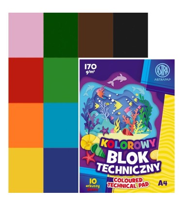 Zestaw 2× Blok techniczny kolorowy ASTRA A4 170g 10 kartek – intensywne kolory