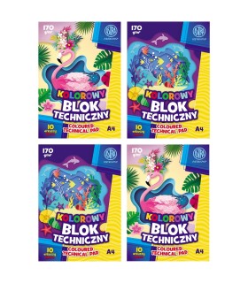 4× Blok techniczny kolorowy ASTRA A4 170g 10 kartek – intensywne kolory