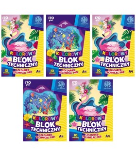 5× Blok techniczny kolorowy ASTRA A4 170g 10 kartek – intensywne kolory