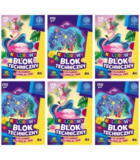 6× Blok techniczny kolorowy ASTRA A4 170g 10 kartek – intensywne kolory