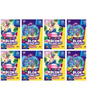 8× Blok techniczny kolorowy ASTRA A4 170g 10 kartek – intensywne kolory