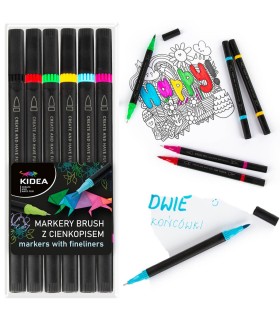 Markery pędzelkowe brush z cienkopisem 6 kolorów KIDEA