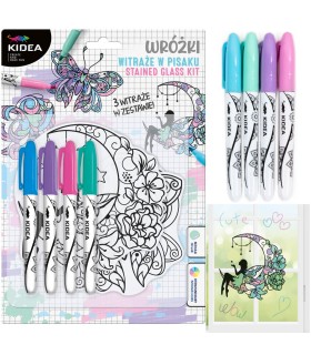 Zestaw kreatywny witraże na okno 3 sztuki + 4 pisaki WRÓŻKI KIDEA