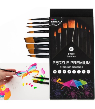 Pędzle premium pędzelki malarskie zestaw 8 sztuk: 1, 3, 7, 10, 12, 18, 20, 03 KIDEA