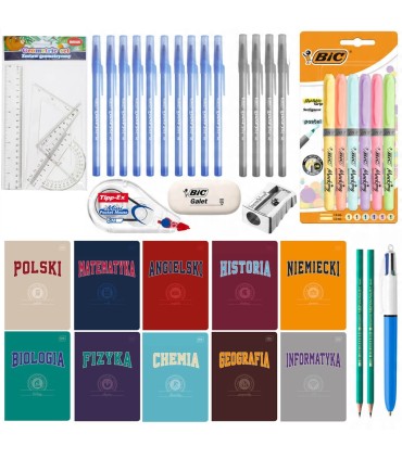 MEGA zestaw wyprawka szkolna do klas 7-8 i liceum, BIC, XXL 40 elementów w tym 10 zeszytów przedmiotowych