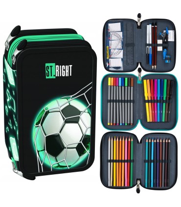 Piórnik trzykomorowy z wyposażeniem St.Right NEON FOOTBALL