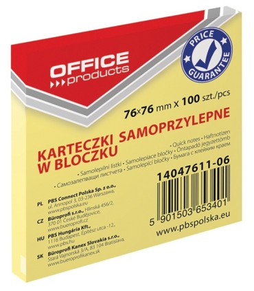 Karteczki samoprzylepne OFFICE PRODUCTS, 76×76 mm, 100 kartek, pastel jasnożółty