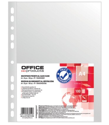 Koszulki na dokumenty OFFICE PRODUCTS, A4, 30 µm, krystaliczne, 100 sztuk