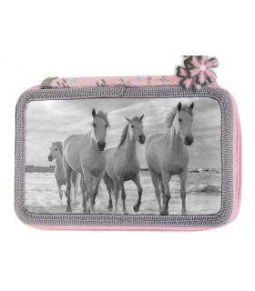 Piórnik trzykomorowy dla dziewczynki KONIE, PASO
