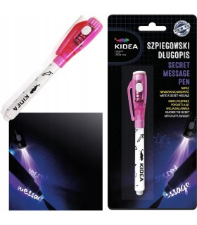 Długopis szpiegowski, niewidzialny z latarką UV, różowa skuwka, Kidea