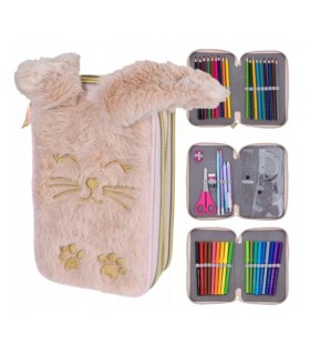 Trzykomorowy piórnik z wyposażeniem ASTRABAG JUMBO FLUFFY BUNNY z pluszem i uszami